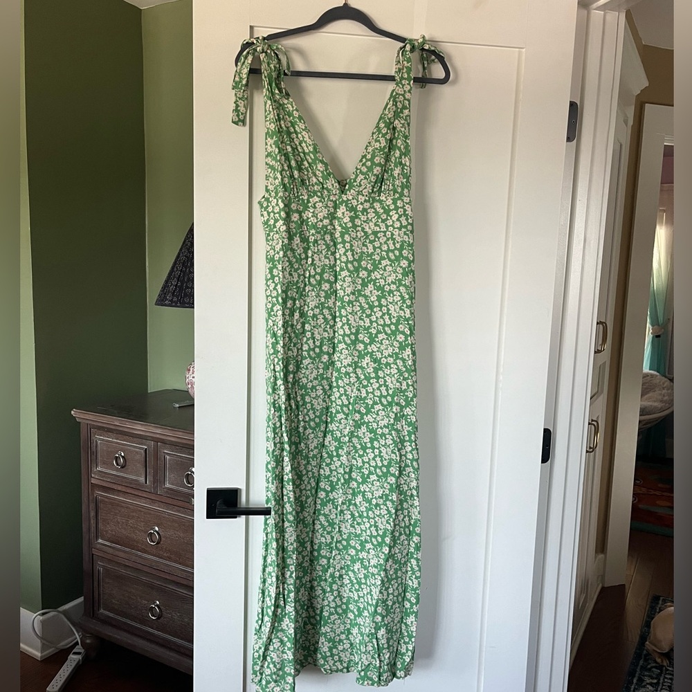 ASOS green floral plunge maxi dress with shoulder ties